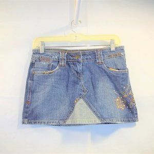 Mudd Juniors Denim Jean Skirt Size 3 Faded Sequins Beaded Floral Pockets Blue